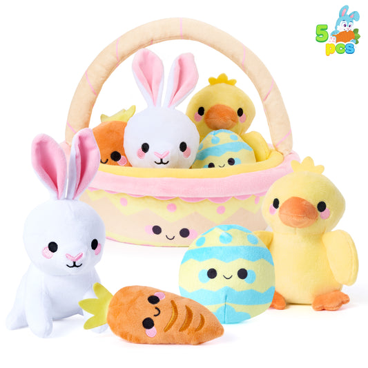 JOYFY 5 Easter Basket Plush Toy Set, filled with rabbit, egg, and carrot baskets, pre filled with animal fillers