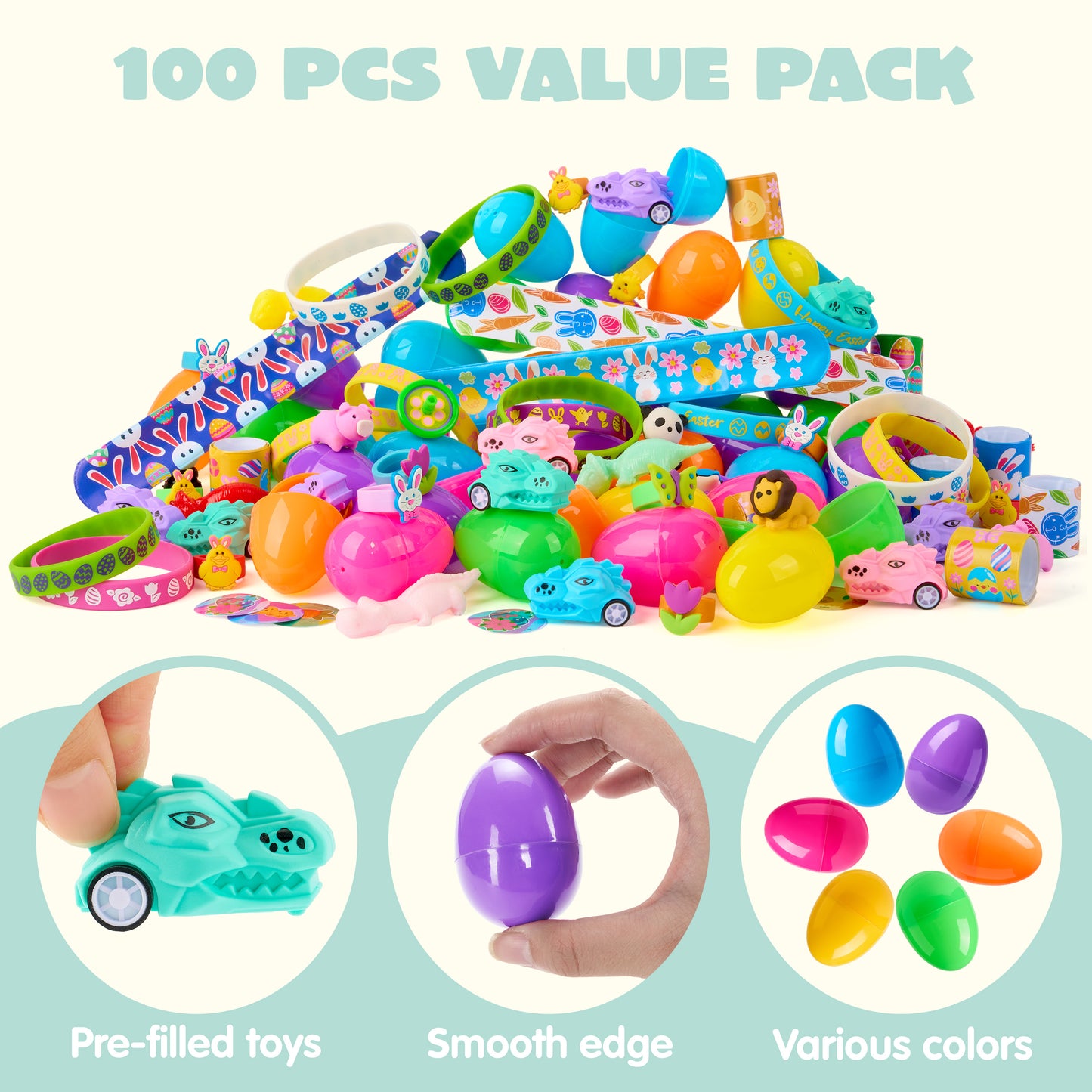 Joyfy 100 Pack Prefilled Easter Egg,Easter Egg with Novelty Toys Inside,Easter Basket Stuffers for Kids Easter Basket Classroom Exchange Toddler Boys Girls