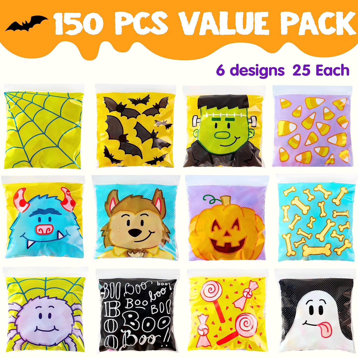 Joyfy 150 Pcs Halloween Treat Bags Clear Self Sealing Cellophane Bags Goodie Bags for Snack Cookie Candy,Halloween Gift Trick or Treat Bags,Halloween Party Supplies