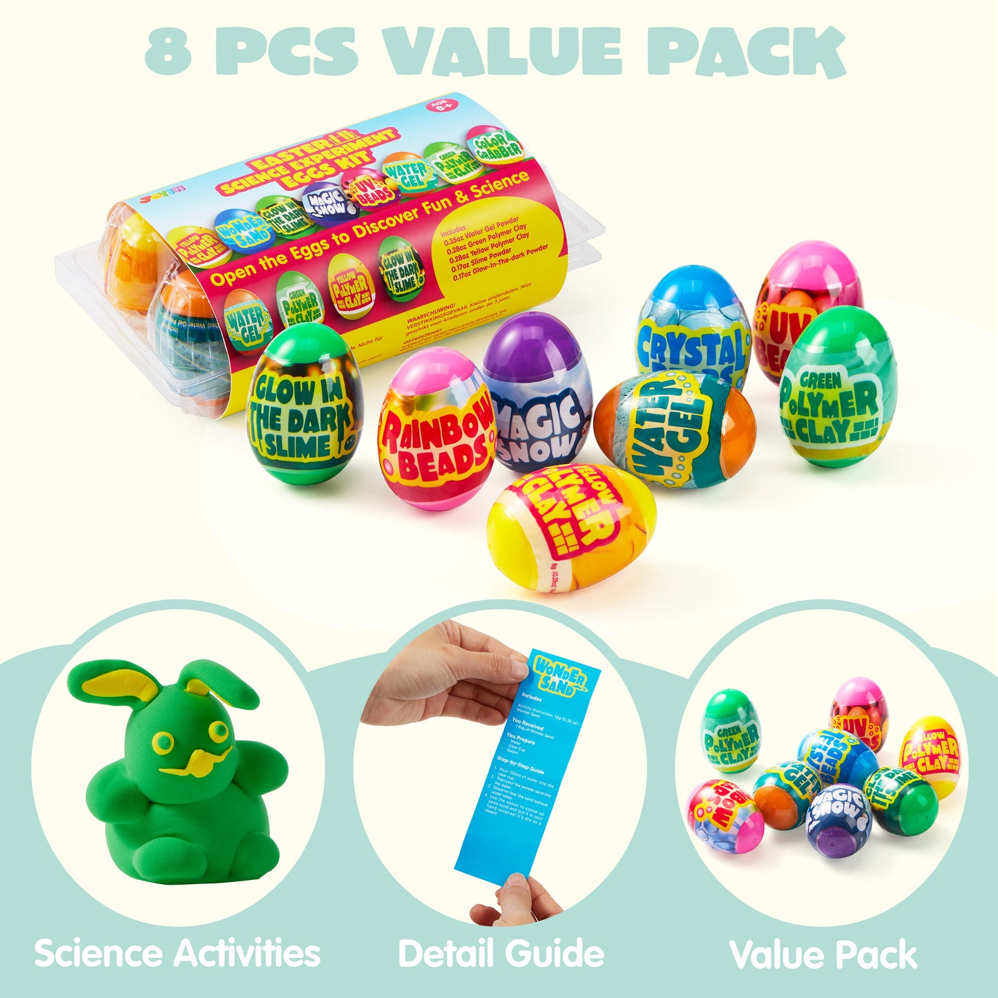 JOYFY 8 Easter Science Experiment Eggs, Colorful Eggs with Pre installed Science Activity Kit