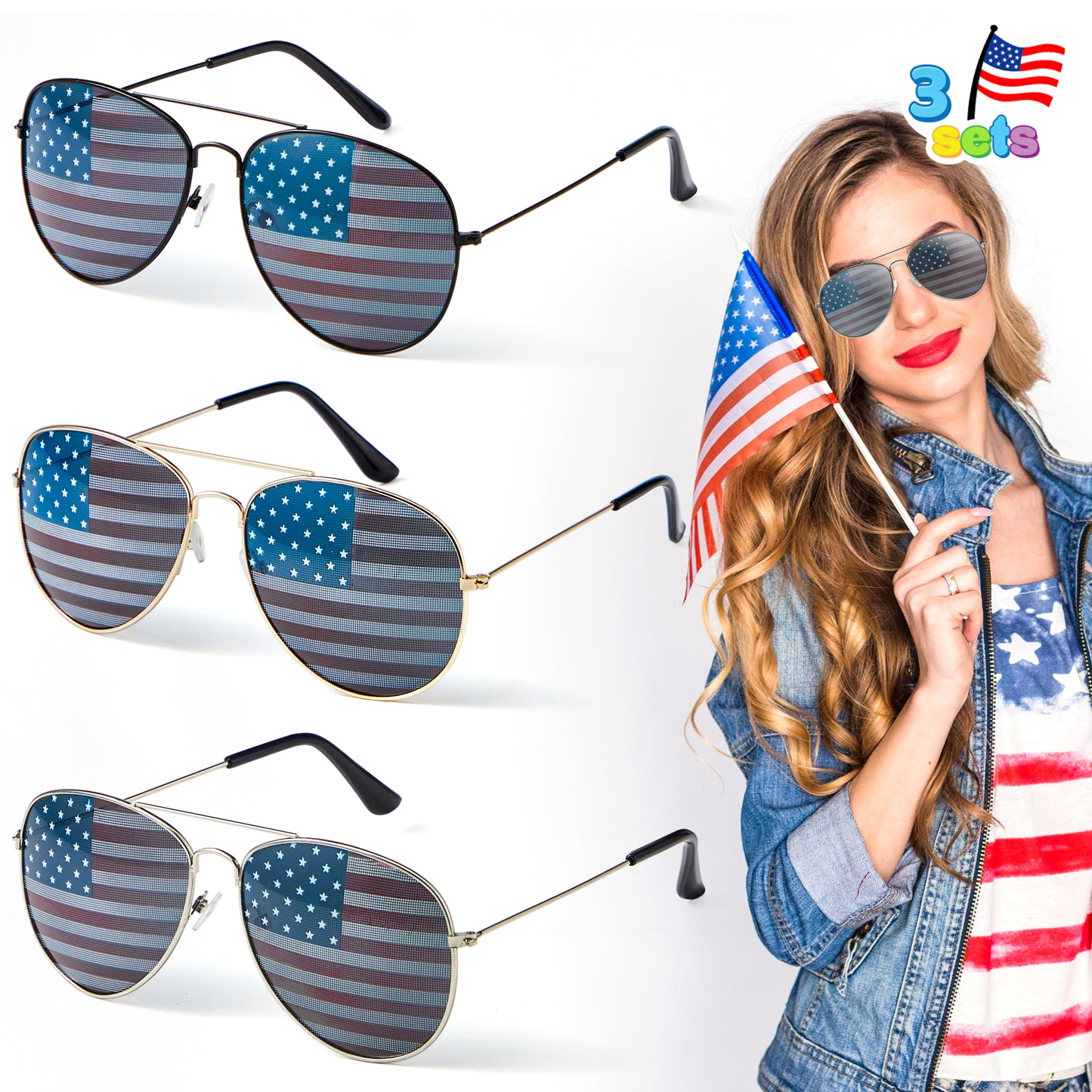 Joyfy 3 Pack 4th of July American Flag Sunglasses, 4th of July Patriotic Sunglasses, Tricolor American Glasses, Perfect 4th of July Accessories