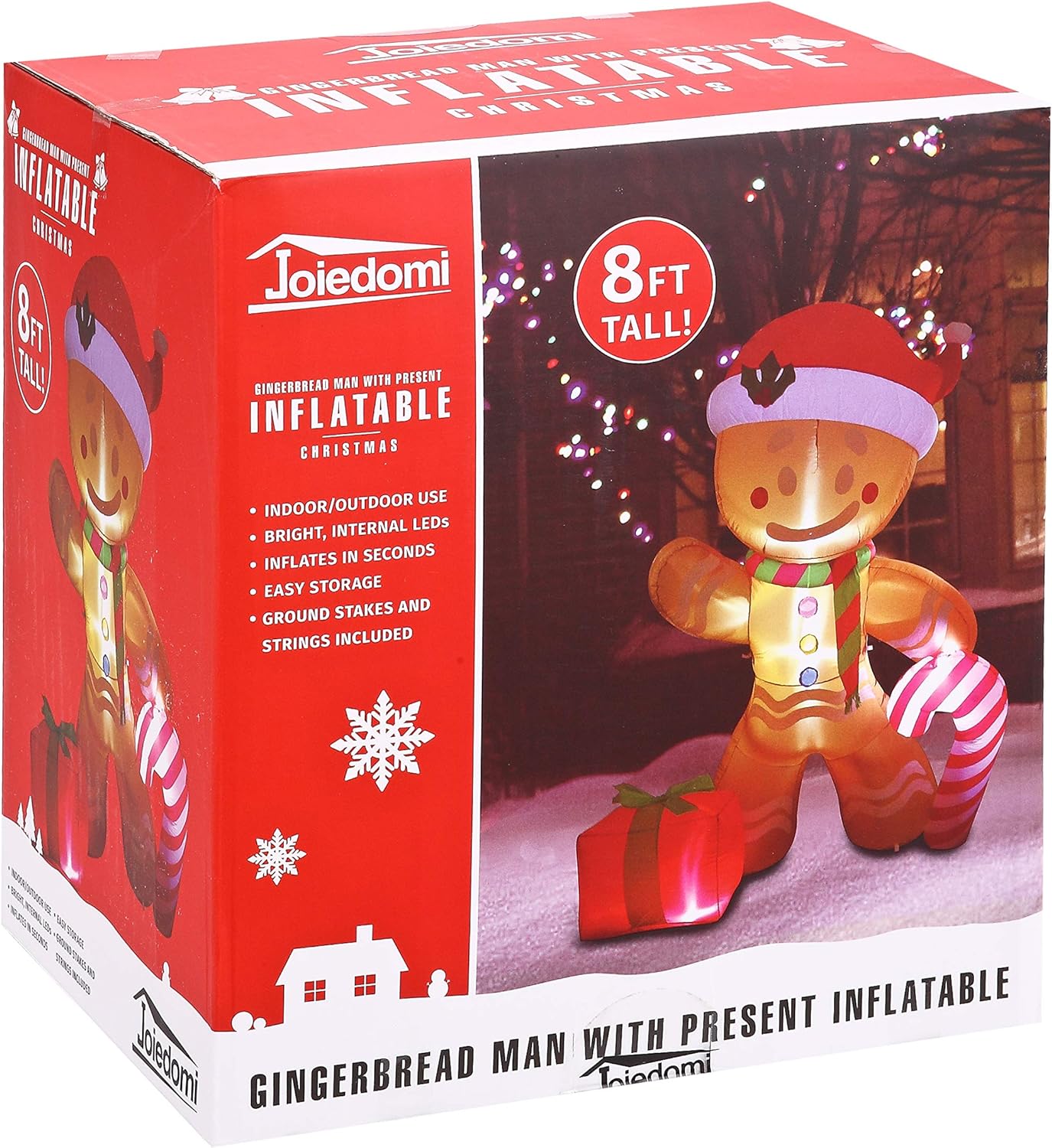 Joyfy 8 FT Christmas Inflatables Gingerbread Man Outdoor Decorations,Gingerbread Man with Candy Cane Blow Ups Yard with Built-in LEDs for Holiday Party Garden Lawn Decor