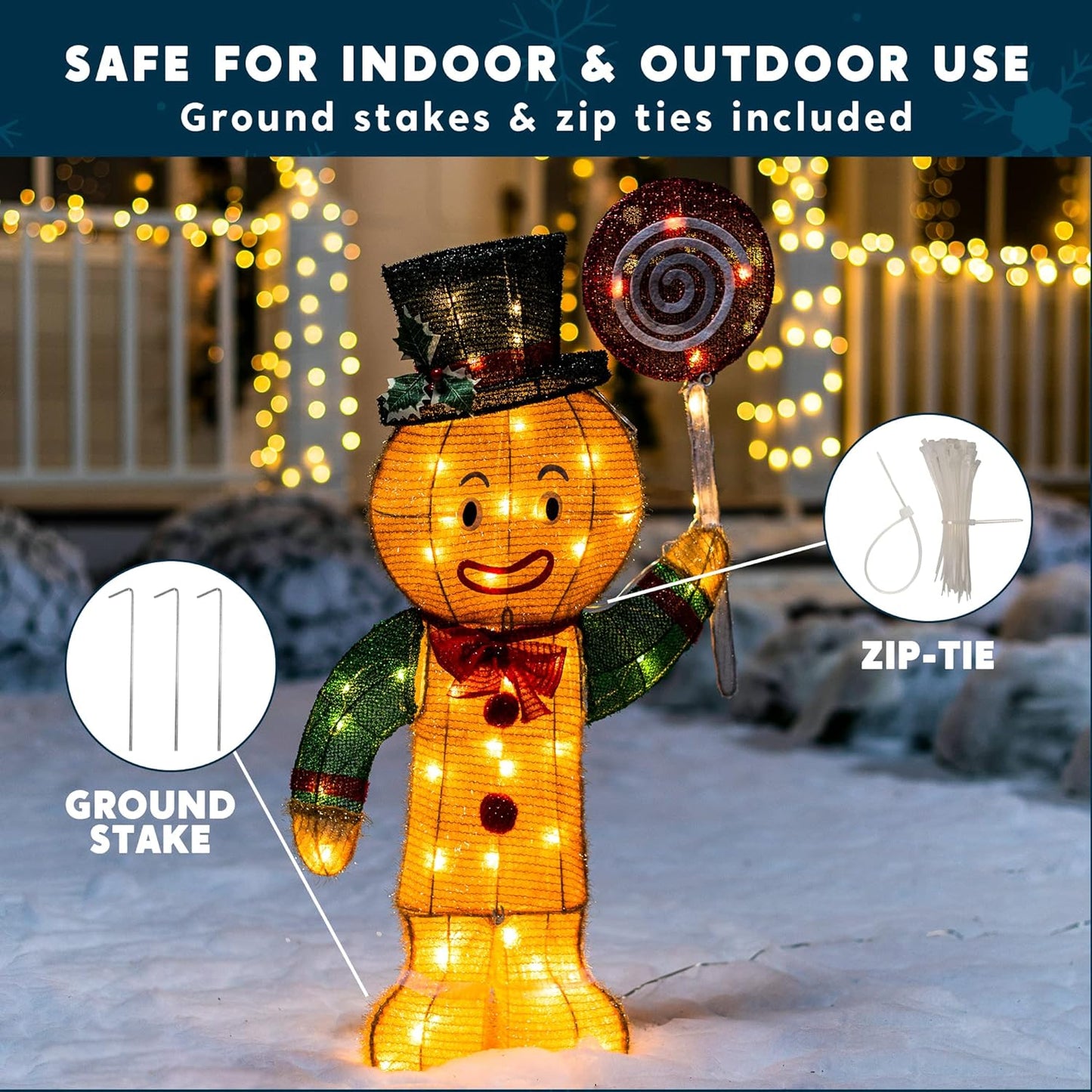 Syncfun 3 FT Gingerbread Man Yard Light Christmas Outdoor Decorations,50 Pre-Lit LED Christmas Decorations,Christmas Yard Light with Stakes Decorations Outdoor Holiday Decor