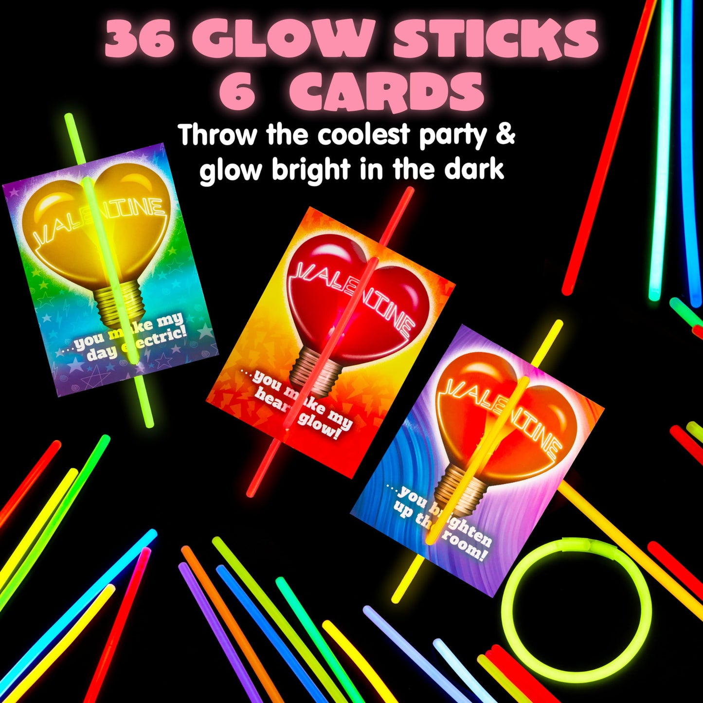36 Packs Glow Sticks Bracelet with Neon Valentines Day Gift Cards Valentine Exchange Cards for Kids Class Valentines Party Favors