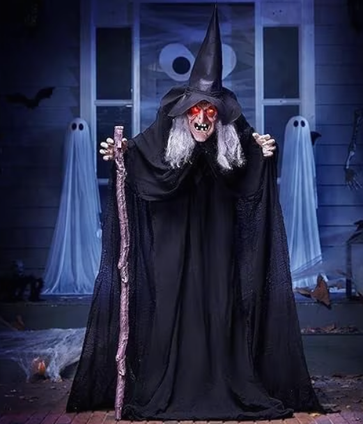 Joyfy 72" Halloween Decorations Outdoor, Animatronics Witch with Cane, Sound-Activated with Creepy Sound, Light-up Eyes and Motion, Life Size Animated Ghost Haunted House Prop