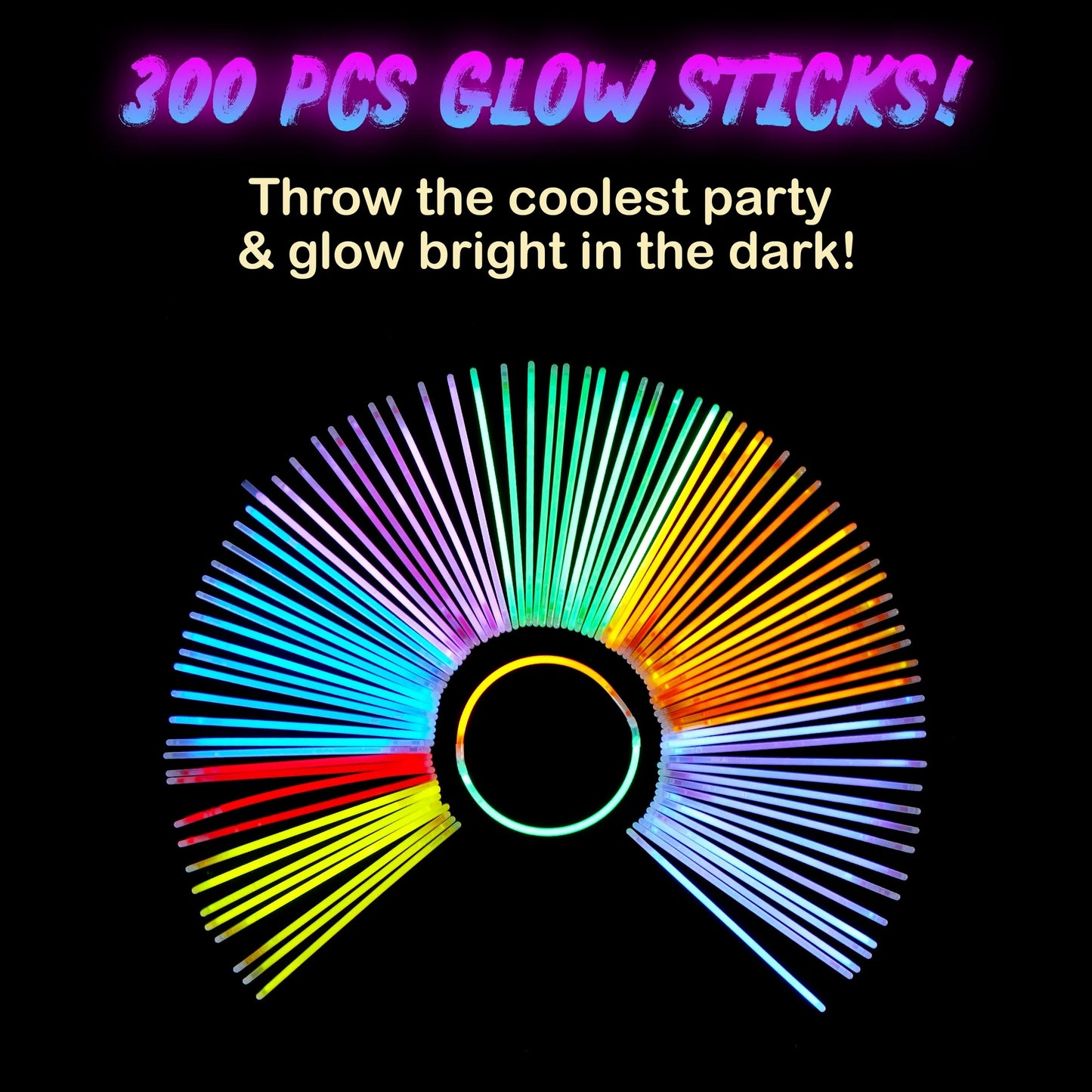 300 Pcs Glow Sticks Bulk, 8" Glow in The Dark Neon Party Supplies, Glow Bracelets and Necklaces Party Pack