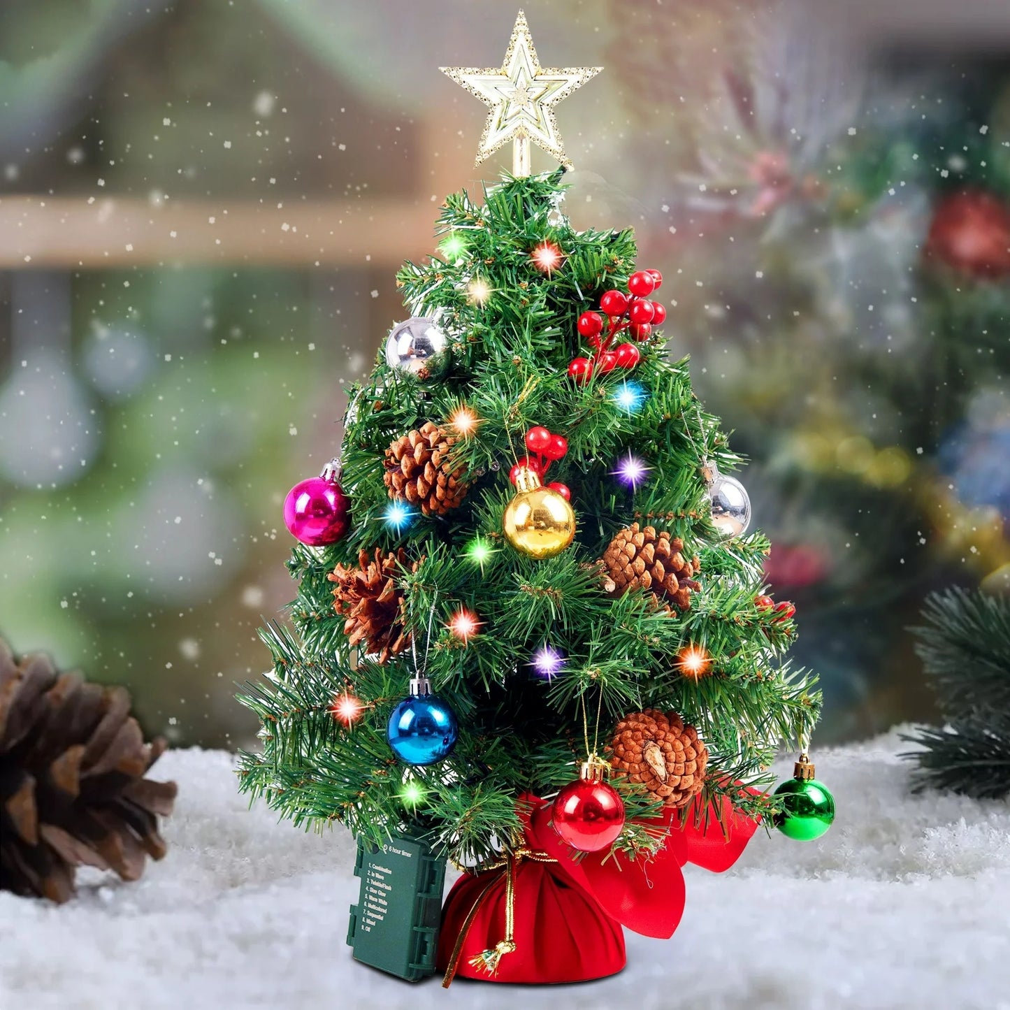 Joyfy 24 Inch Mini Christmas Tree with Lights,Prelit Artificial Christmas Tree with Decorations Holly Berries,Pine Cones,Light Up Christmas Ornaments Table Decor