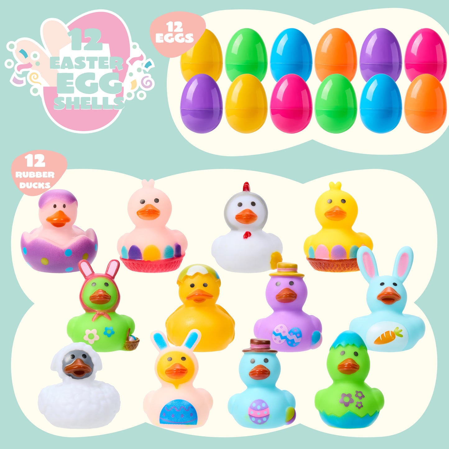 JOYFY 12 pre filled Easter eggs with rubber ducks, Easter baskets for toddlers and babies