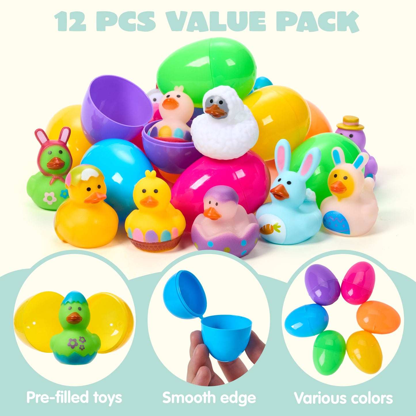 JOYFY 12 pre filled Easter eggs with rubber ducks, Easter baskets for toddlers and babies