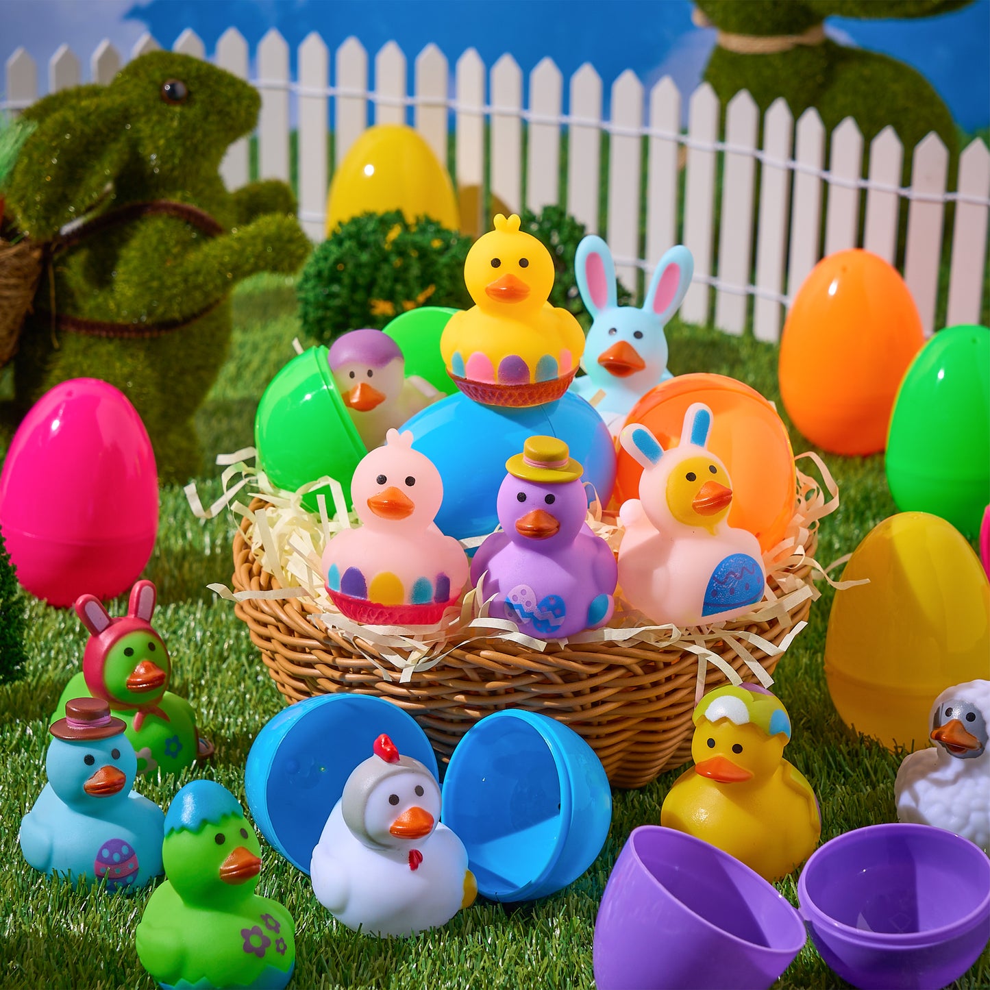 JOYFY 12 pre filled Easter eggs with rubber ducks, Easter baskets for toddlers and babies