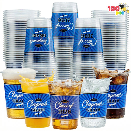 Joyfy 100 Pcs 16oz Graduation Party Cups (Blue), Party Plastic Cups, Class of 2026 Graduates Disposable Tableware Set, PET Cup for High School College Graduation School Party Favors Supplies