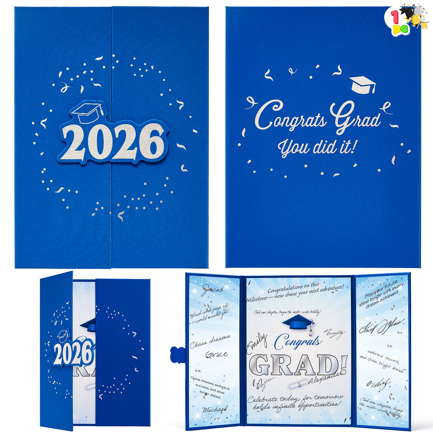 Joyfy 2026 Graduation Guestbook Alternative (Blue & Silver), 12" Guest Signature Congrats Graduation Party Decorations, Class of 2026 Grad Card for High School College Grad Gift, Party Guest Signing