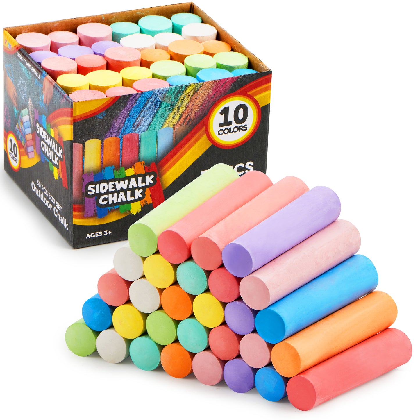 Joyfy 30 Pieces Chalk Set for Kids Rounded 10 Colors Washable Sidewalk Chalk Painting Toy for Toddler on Street, Blackboard and Playground