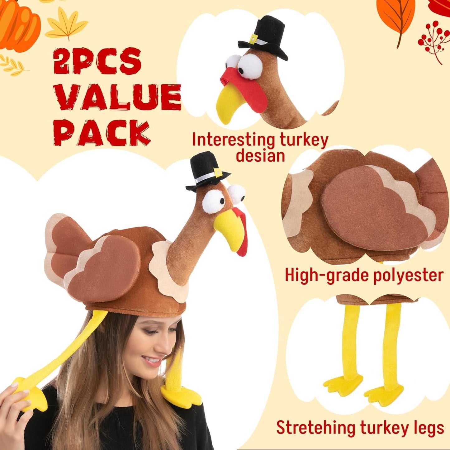 Joyfy 2 Pack Thanksgiving Turkey Cap for Kids and Adults Plush Turkey Hat, Thanksgiving Accessories