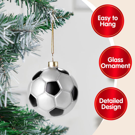 Joyfy Christmas Soccer Balls Glass Ornament, Sports Ball Glass Blown Ornament Ball for Christmas Tree Decoration, Boys Sports Ornament for Xmas Gift Holiday Party Favor Indoor Decoration