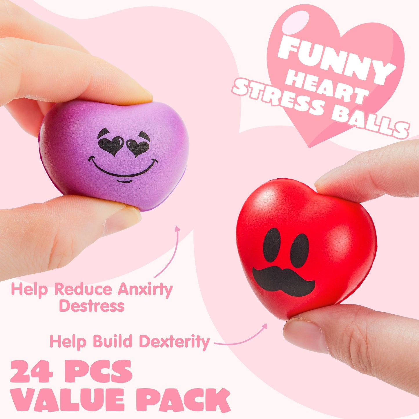 24-Pack Valentine's Day Heart Stress Balls 1.6" x 1.6" for Kids, Soft Toy Slow Rise for School Carnival Rewards