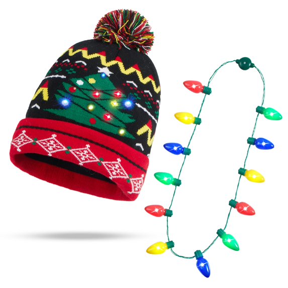 Joyfy LED Christmas Hat with Light-up Bulb Necklace,Light Up Ugly Christmas Beanies for Adults,Women Mens Gifts for Christmas,Funny Hats Christmas Party Favors Christmas Accessories Winter Hat