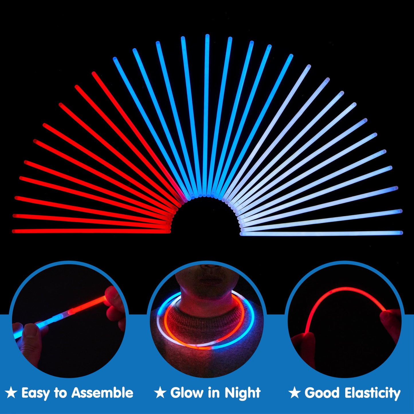 72 July 4th glow sticks with connectors, children's and adult red, white, and blue glow in the dark bracelets