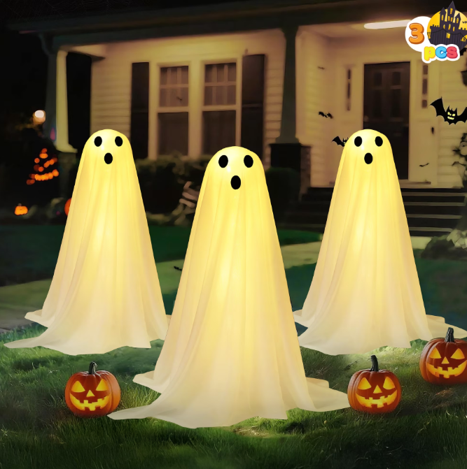 Joyfy 3 Pcs Halloween Ghost Lights Outdoor Decorations, 18" White Cloth Ghost with White Light Up Yard Stakes for Pathway Graveyard Yard Lawn Garden Prop, Party Decor Supplies
