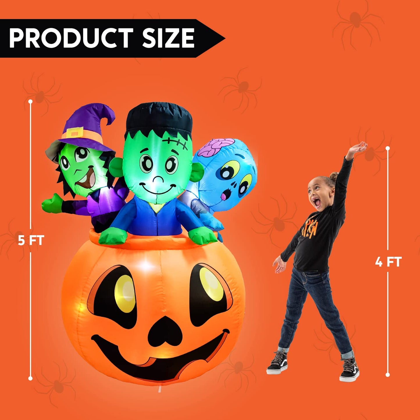 Syncfun 5 FT Halloween Inflatable Characters on Pumpkin Inflatable with Build-in LEDs Blow Up Halloween Outdoor Decorations Yard Inflatables Decoration