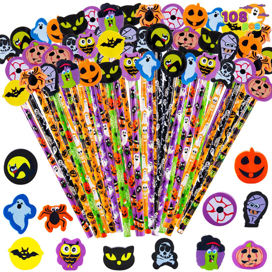 Joyfy 108 PCS Halloween Pencils with Erasers Stationery Set, 108 Colorful Pencils in 6 Design, 108 Giant Erasers in 12 Style for Trick or Treat, Halloween Party Favor Supplies, Classroom Prize Gift