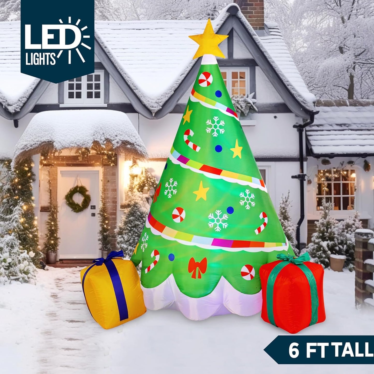 Joyfy 6ft Christmas Inflatables Christmas Tree Outdoor Decorations,Rainbow Ribbon Christmas Tree with Gift Boxes Blow Ups Yard with Built-in LEDs for Holiday Party Garden Lawn Decor