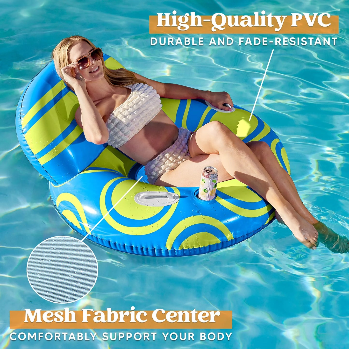 Syncfun Inflatable Pool Float Lounger with Backrest, Air Sofa Floating Chair with Handle and Cup Holder, Summer Pool Floaties Rafts Lounger for Adult & Kids