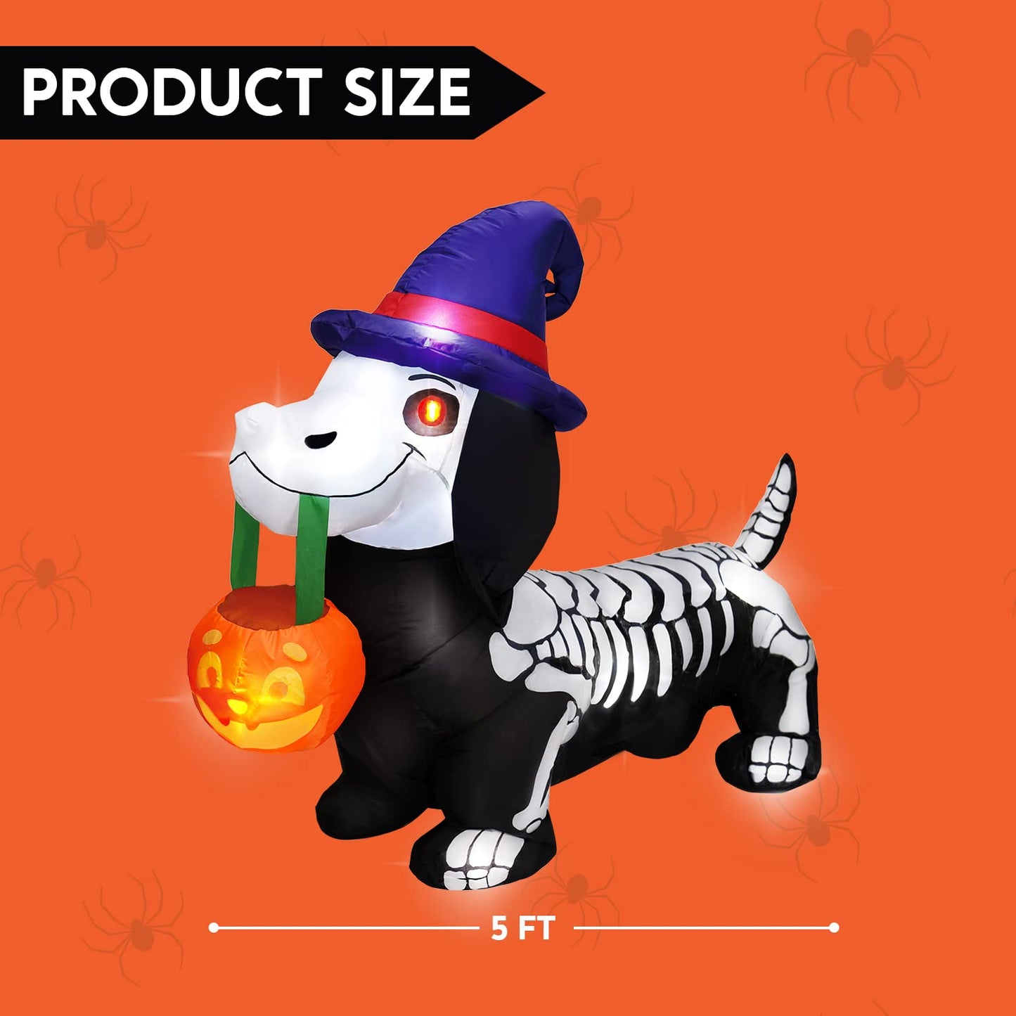 Syncfun 5 FT Halloween Inflatables Light up Pumpkin Skeleton Wiener Dog Long Halloween Inflatables Outdoor Decorations,Blow up Halloween Yard Decorations