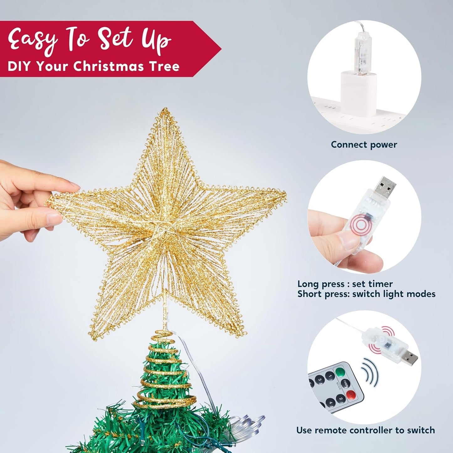 Joyfy 9.5-inch Christmas Tree Top Star Light (with remote control), 20 LEDs, USB powered, suitable for Christmas tree decoration