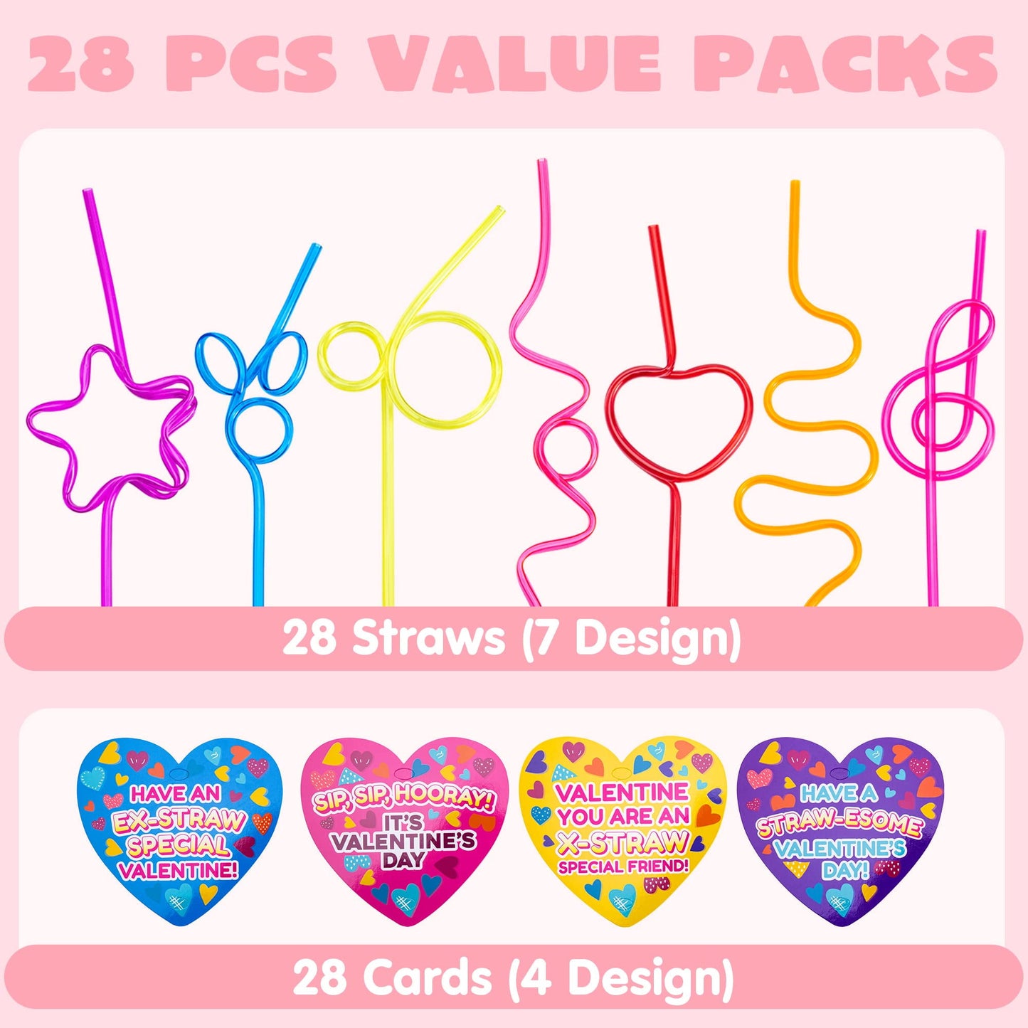 28 Packs Valentines Day Cards with Gift Colorful Crazy Loop Reusable Drinking Straws for Kids Valentine Party Favors Toy
