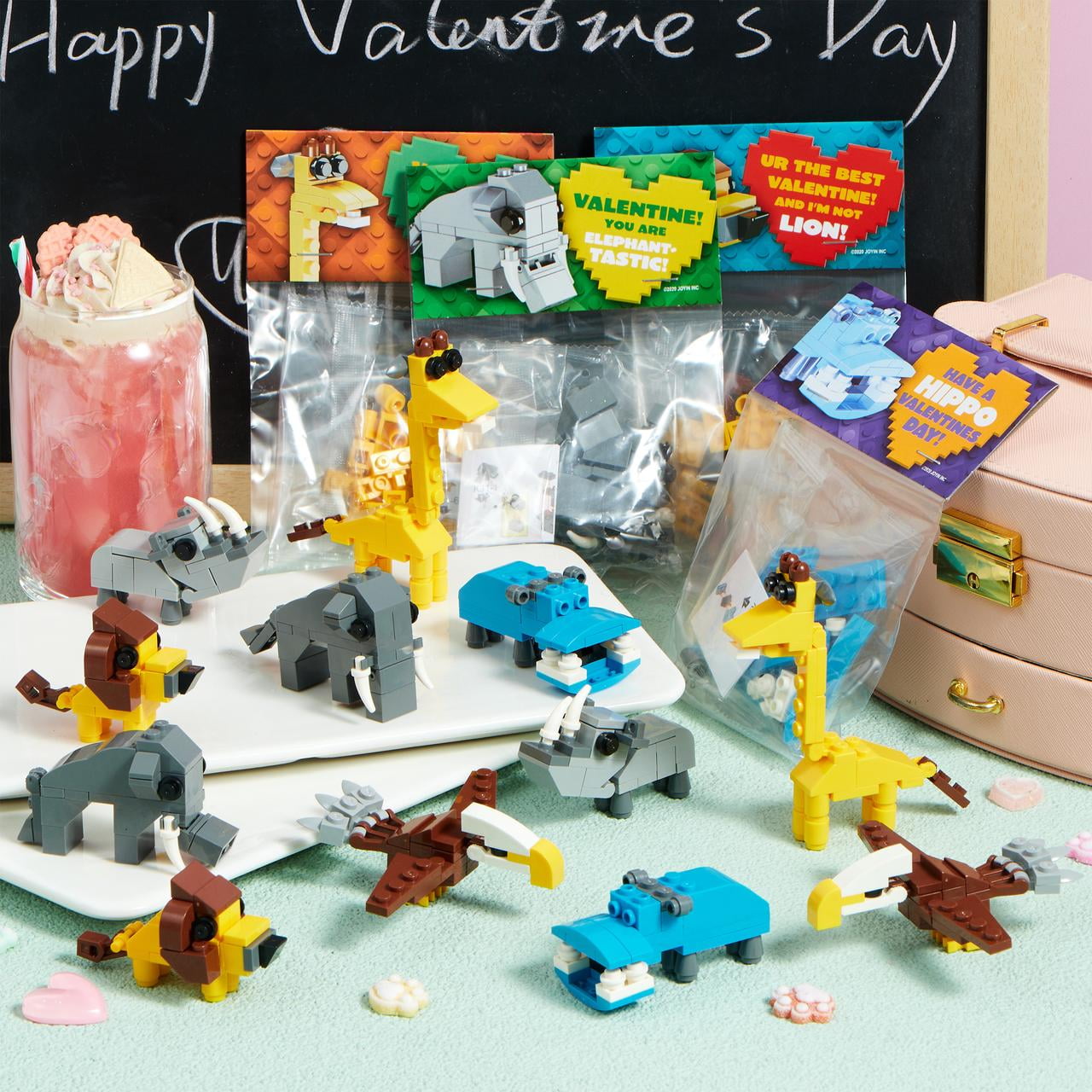 24 Packs Valentines Day Cards with Safari Animal Building Blocks for Valentine Party Favor, Classroom Exchange Prize, Valentine’s Greeting Cards