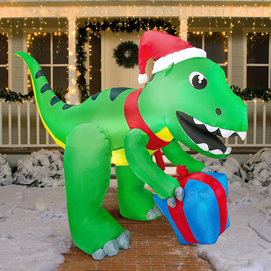 Joyfy 5 FT Christmas Inflatables Dinosaur Outdoor Decorations,Christmas Dinosaur with Gift Box Blow Ups Yard with Built-in LEDs for Holiday Party Garden Lawn Decor