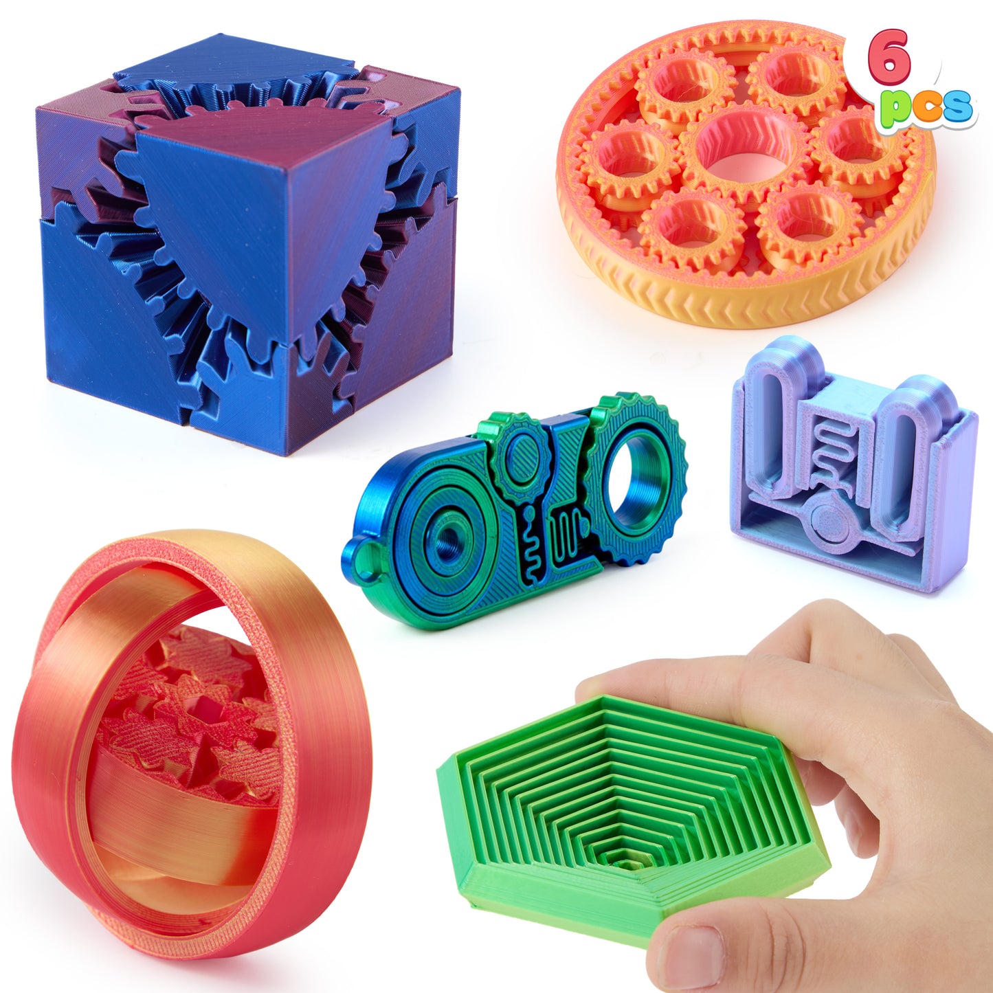 Joyfy 6 Pcs 3D Printed Fidgets Spin Fractal Click Gear Stress Relief Toys for Kids & Adults, Metallic Color ADHD Autism Product, Sensory Tools, Gifts for Birthday Christmas