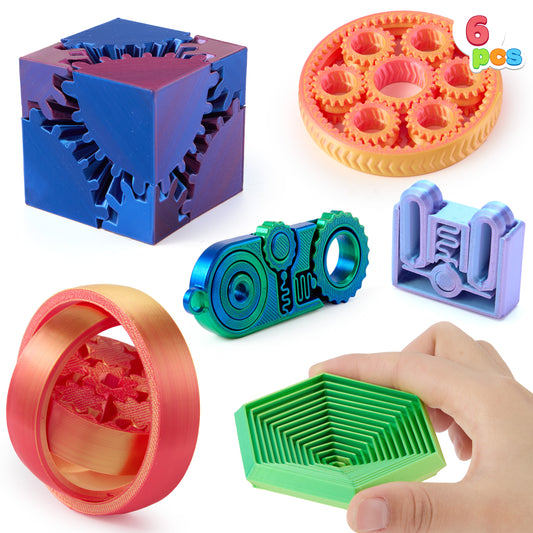 Joyfy 6 Pcs 3D Printed Fidgets Spin Fractal Click Gear Stress Relief Toys for Kids & Adults, Metallic Color ADHD Autism Product, Sensory Tools, Gifts for Birthday Christmas