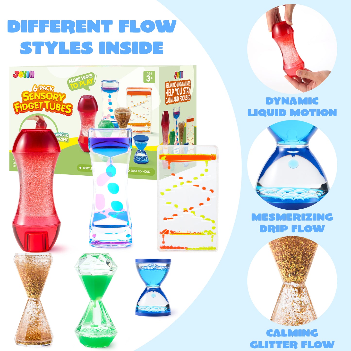 Joyfy 6-Pack Sensory Tubes Fidget Toys for Kids with Autism, Calming Water Sensory Bottles, Silent Fidget for Classroom, Stress Relief Gift for Toddler Birthday Christmas