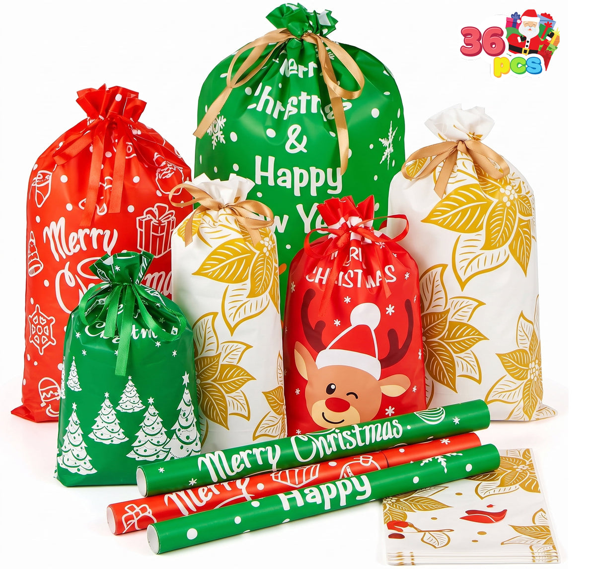 Joyfy 36 Pcs Christmas Drawstring Gift Bags 3 Assorted Sizes Reusable Plastic Bag for Christmas Party Holiday, Classroom Party Favor, Presents Wrapping Gift Bags