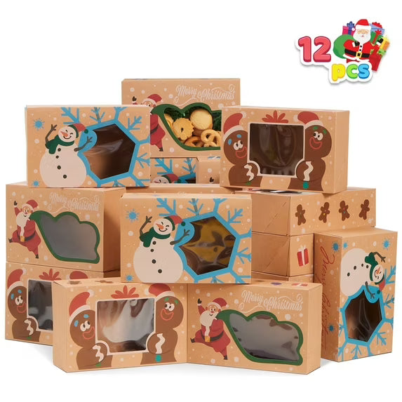 Joyfy 12 Pcs Christmas Cookie Boxes Bakery Treat Gift Box with Window 8.75" x 5.75" x 2.75" for Pastries, Cupcakes, Cookies, Brownies, Donuts Gift Giving