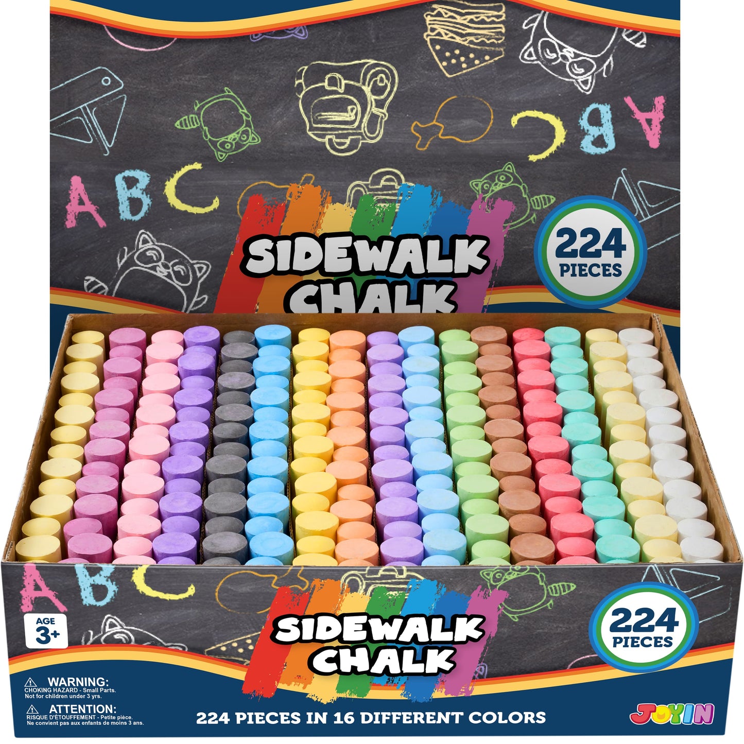Joyfy 224Pcs Jumbo Sidewalk Chalks for Kids Outdoor Fun, Non-Toxic Washable Chalk, Painting Toy on School Chalkboard, Blackboard & Playground, 16 colors