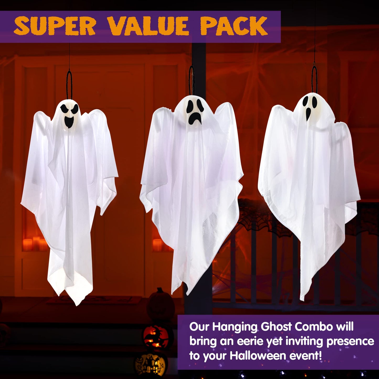 Joyfy 3 Pcs Halloween Hanging Ghosts Decorations,27.5" Cute Flying Ghosts Outdoor Hanging Halloween Decorations Yard Decorations