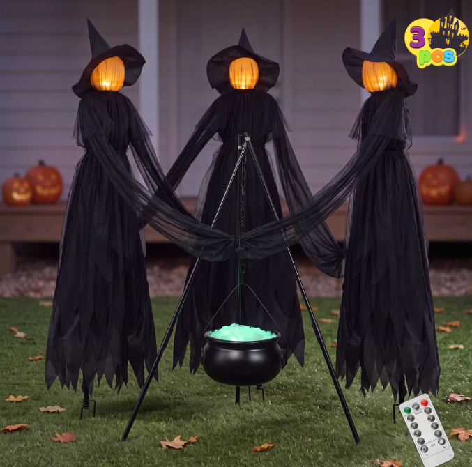 Joyfy 5 FT Halloween Witch Decorations Outdoor, 3 Light Up Holding Hands Witches with Cauldron Yard Stakes with 8 Modes & Timer, LED Witch Cauldron on Tripod for Graveyard Yard Lawn Party Haunted Ho