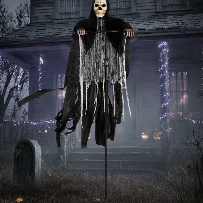 Joyfy 5.9 Ft Halloween Grim Reaper Decorations Outdoor, Rotatable Flying Scream Scarecrow Skeleton Ghosts Decor for Graveyard Haunted House Props, Garden, Porch, Yard Lawn