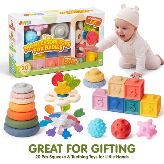 SYNCFUN Montessori Baby Toys for 6-18 Months Pull String Teether Stacking Blocks Sensory Shapes Colorful Storage Bin 4 in 1 Toddlers Toy