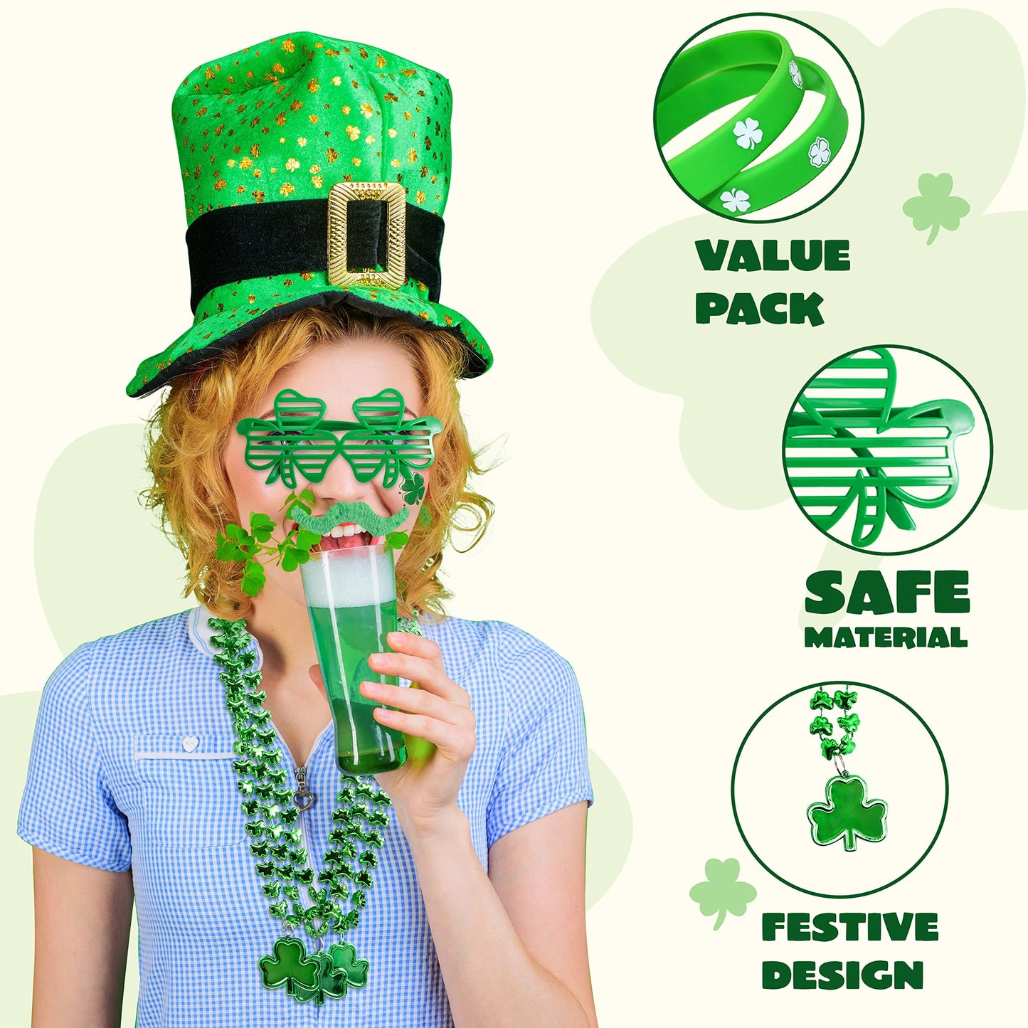 144 St. Patrick's Day outfit accessories set, 12 pairs of green clover glasses, 12 bead necklaces