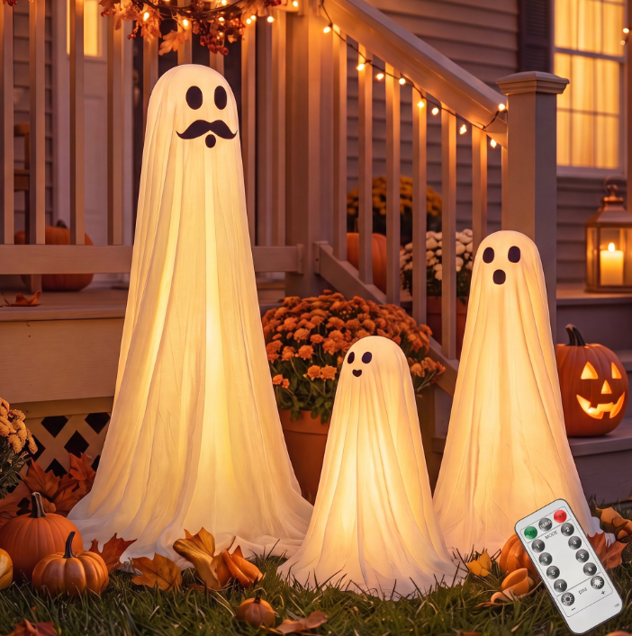 Joyfy 3 Packs Standing Ghost Family Halloween Decorations Outdoor, Remote Control & 8 Lighting Modes Spooky Ghost with Timer, Warm Light Up Glowing Halloween Decor for Yard Porch Lawn Garden Party