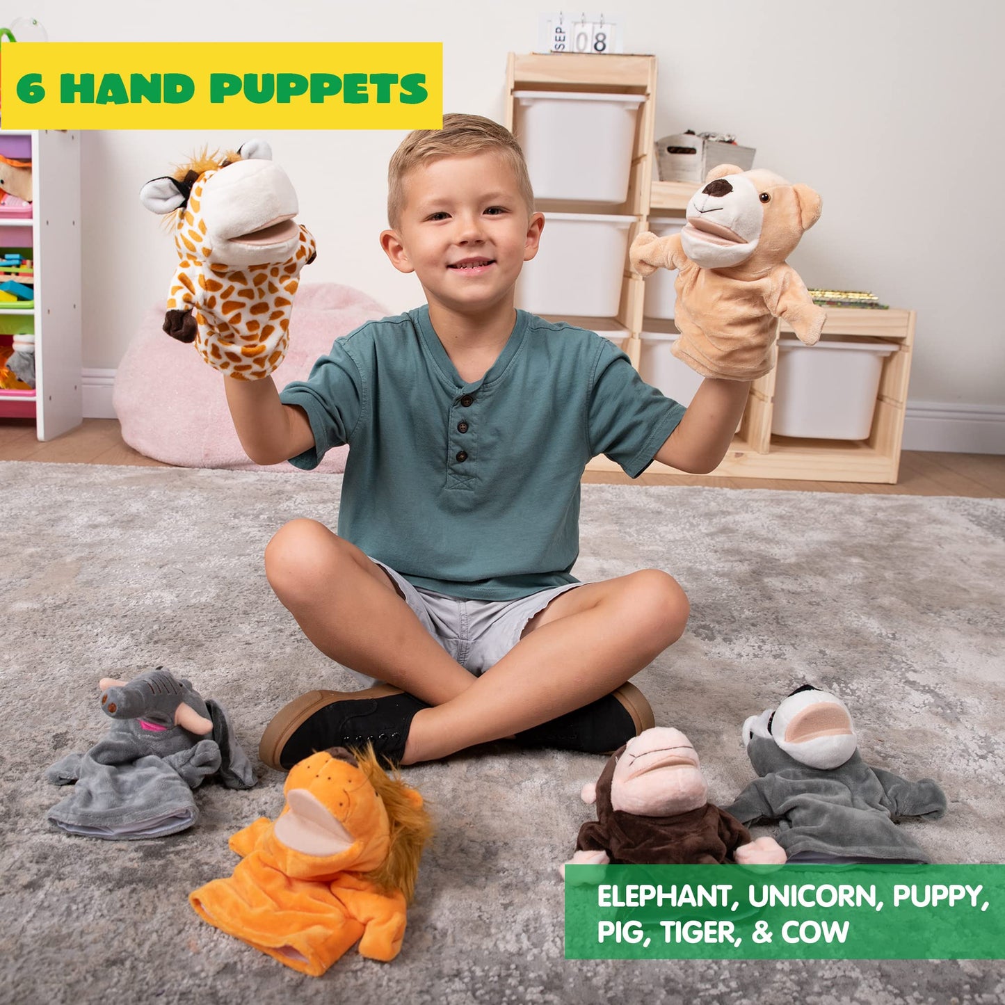 SYNCFUN 6Pcs Kids Hand Puppet with Mouth, Toddler Animal Plush Toy for Show Theater, Birthday Gifts, Easter Basket Stuffers