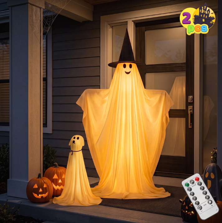 Joyfy 2 Pcs 55" Standing Ghost and 23" Cute Dog Ghost Set Outdoor Halloween Decorations, 8 Lightng Modes & Timer & Warm White LED Lights,Light up Ghost Docor for Yard Porch Lawn Garden Party