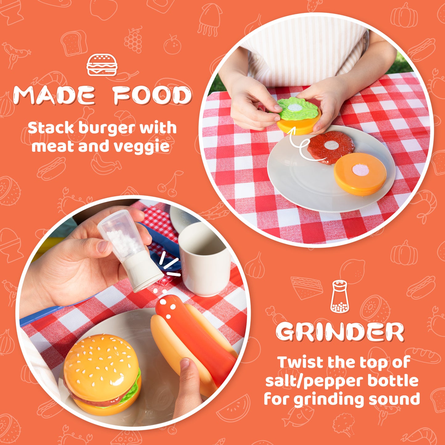 SYNCFUN 34 Pcs Kids Kitchen Playset, Toy BBQ Grill Set, Play Food Cooking Toy Set for Toddlers 1-3-5