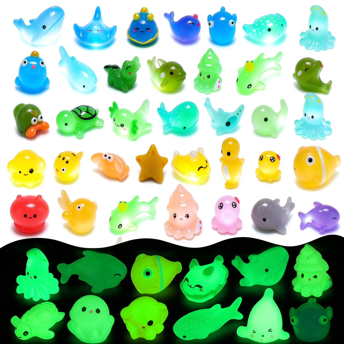 Joyfy 50 Pcs Glow in the Dark Mini Resin Figures Ocean Sea Animal Halloween Party Favors Toys, Tiny Resin Animals Figurines for DIY Miniature Decor, Cute Fish Tank Accessories