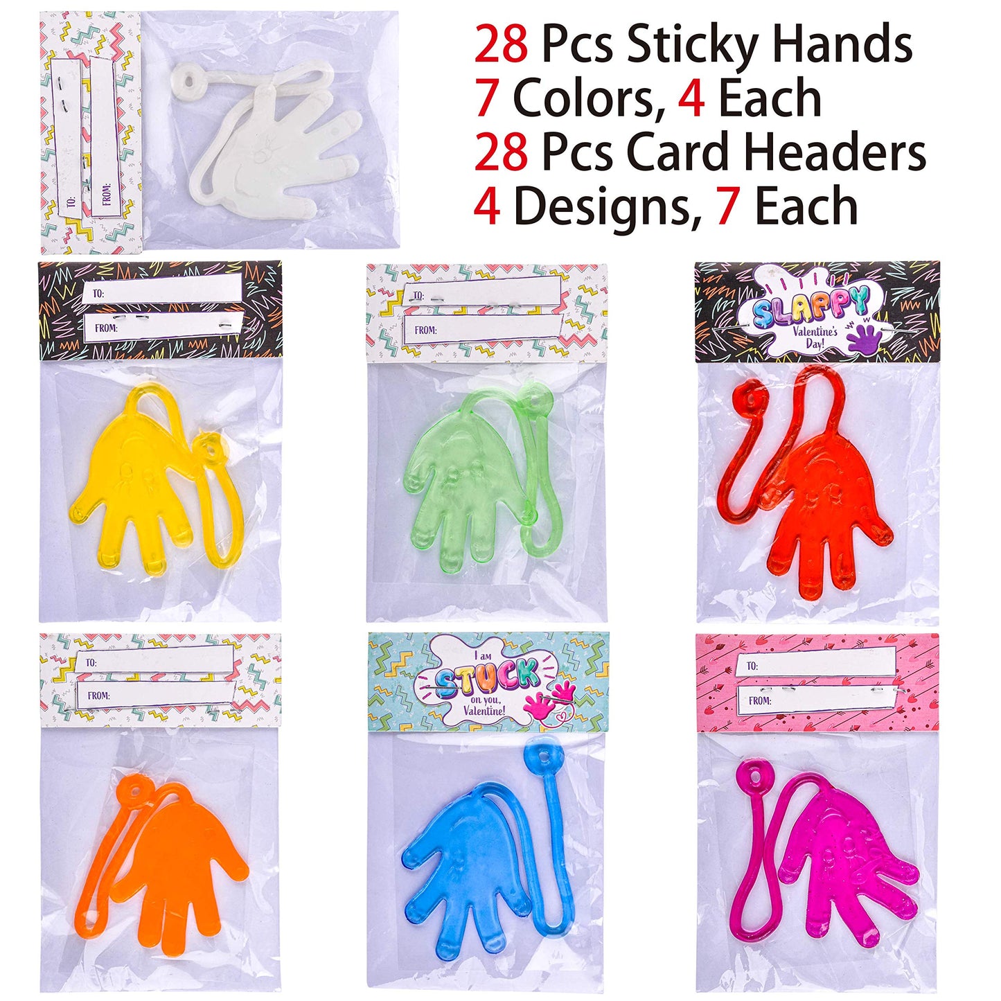 28 PCS Valentines Exchange Cards for Kids Boys Sticky Hands Slappy Hands Sticky Toys Classroom Gifts Party Favor