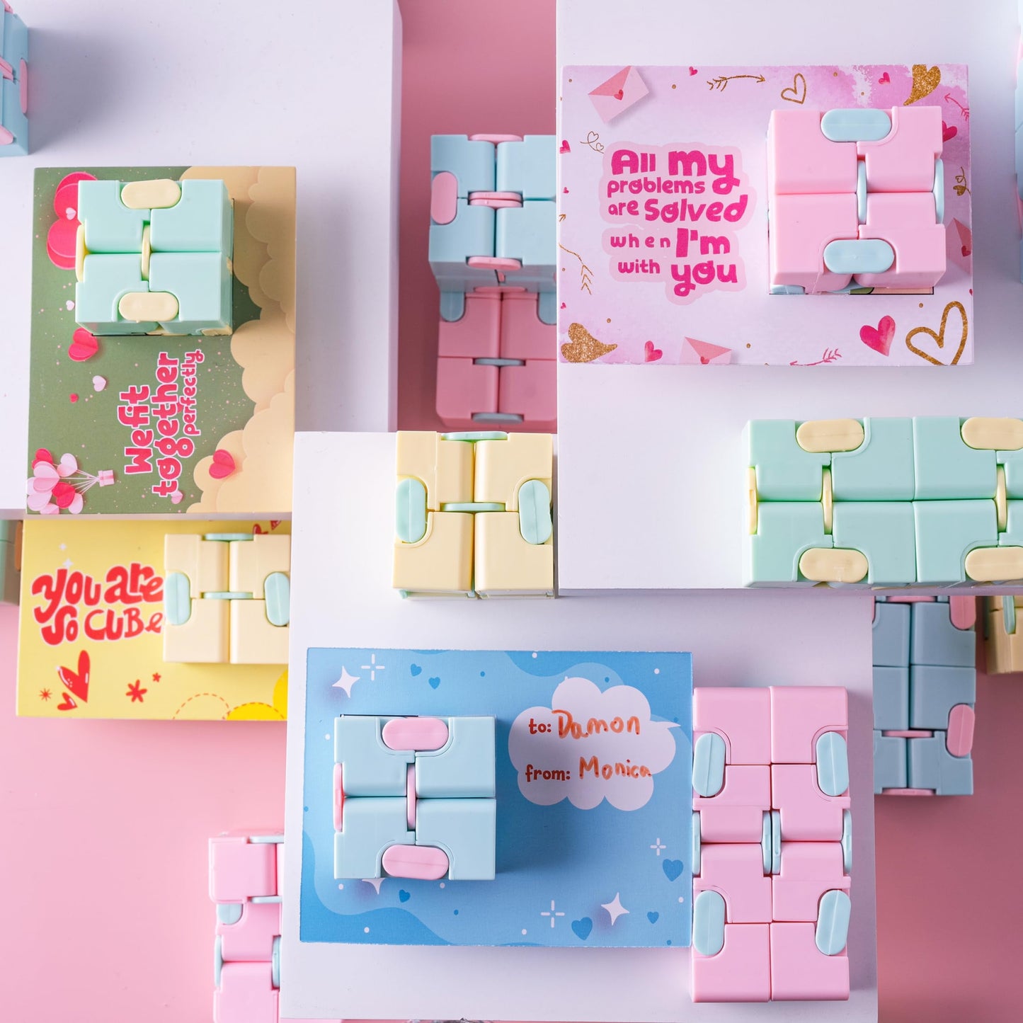 28 Packs Valentines Cards with Fidget Cube for Kids, Snake Cube Fidget Puzzles s for Kids Valentines Class Exchange Cards